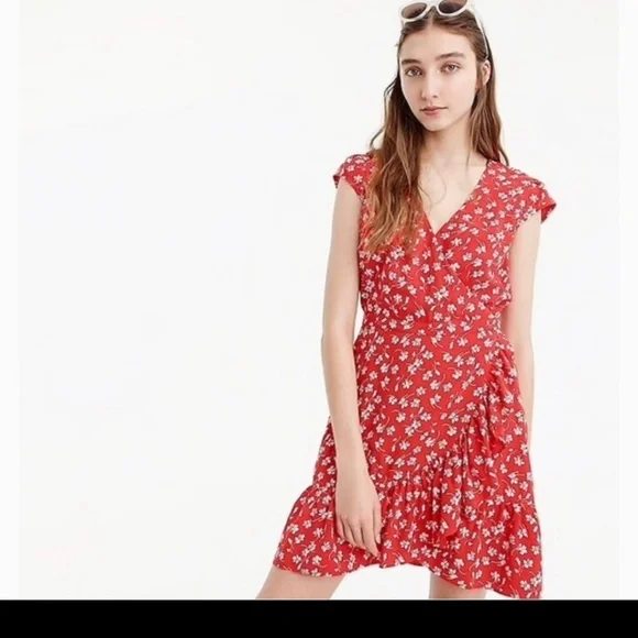 J. Crew Dresses Jcrew Mercantile Red Floral Wrap Dress 4 Ruffles Poshmark